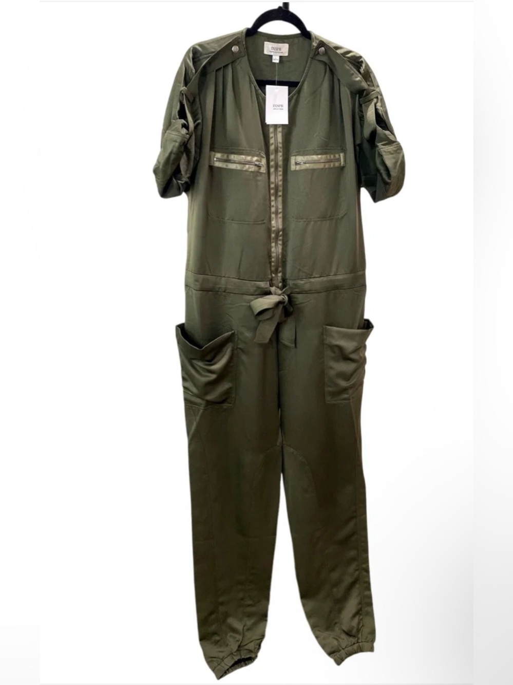 New Military Utility Cargo Belted Parachute By Tezza Jumpsuit Womens M Olive NWT